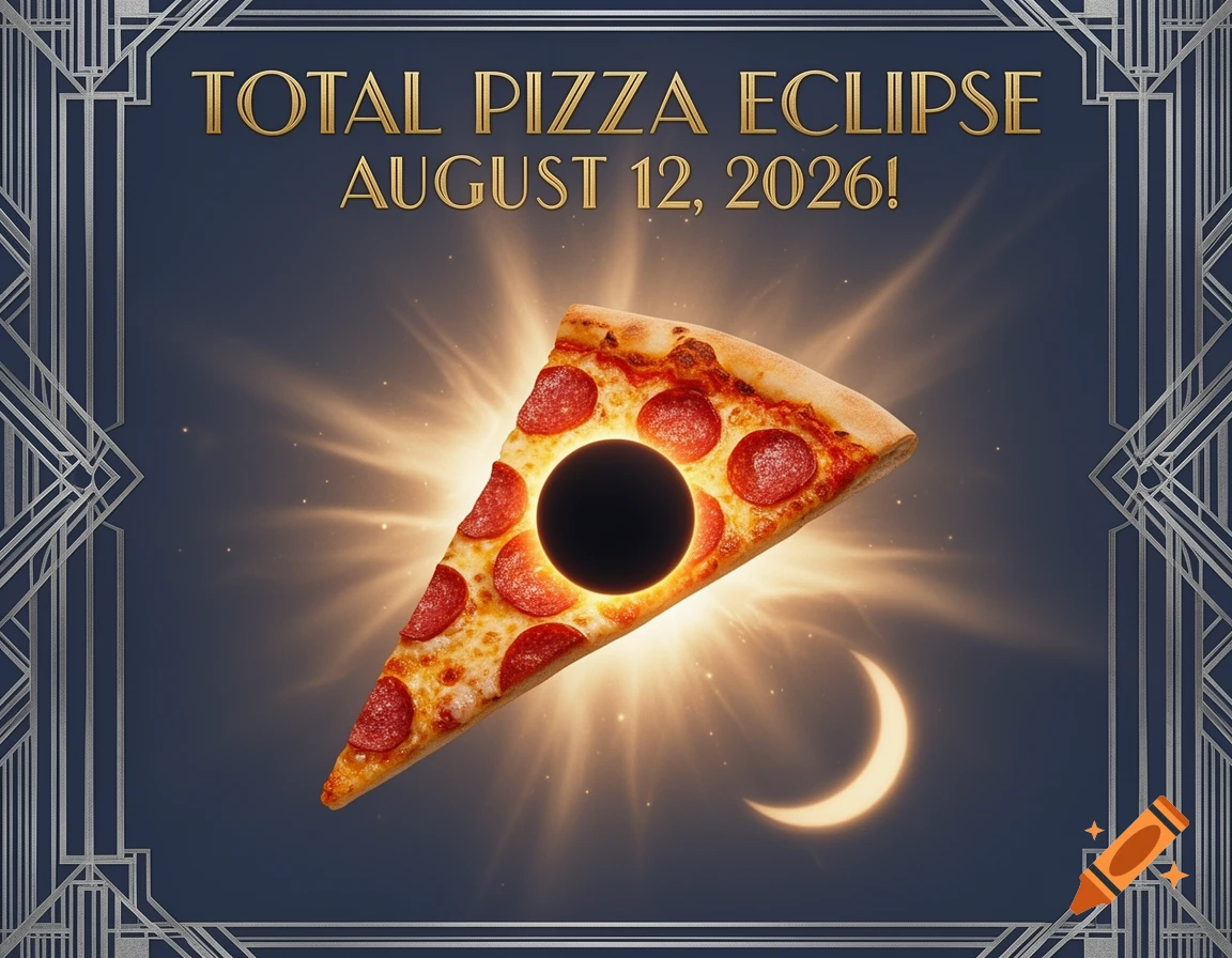 Art Deco poster of a pizza slice depicting a total solar eclipse with a black center, glowing rays, a crescent moon, and the date August 12, 2026.