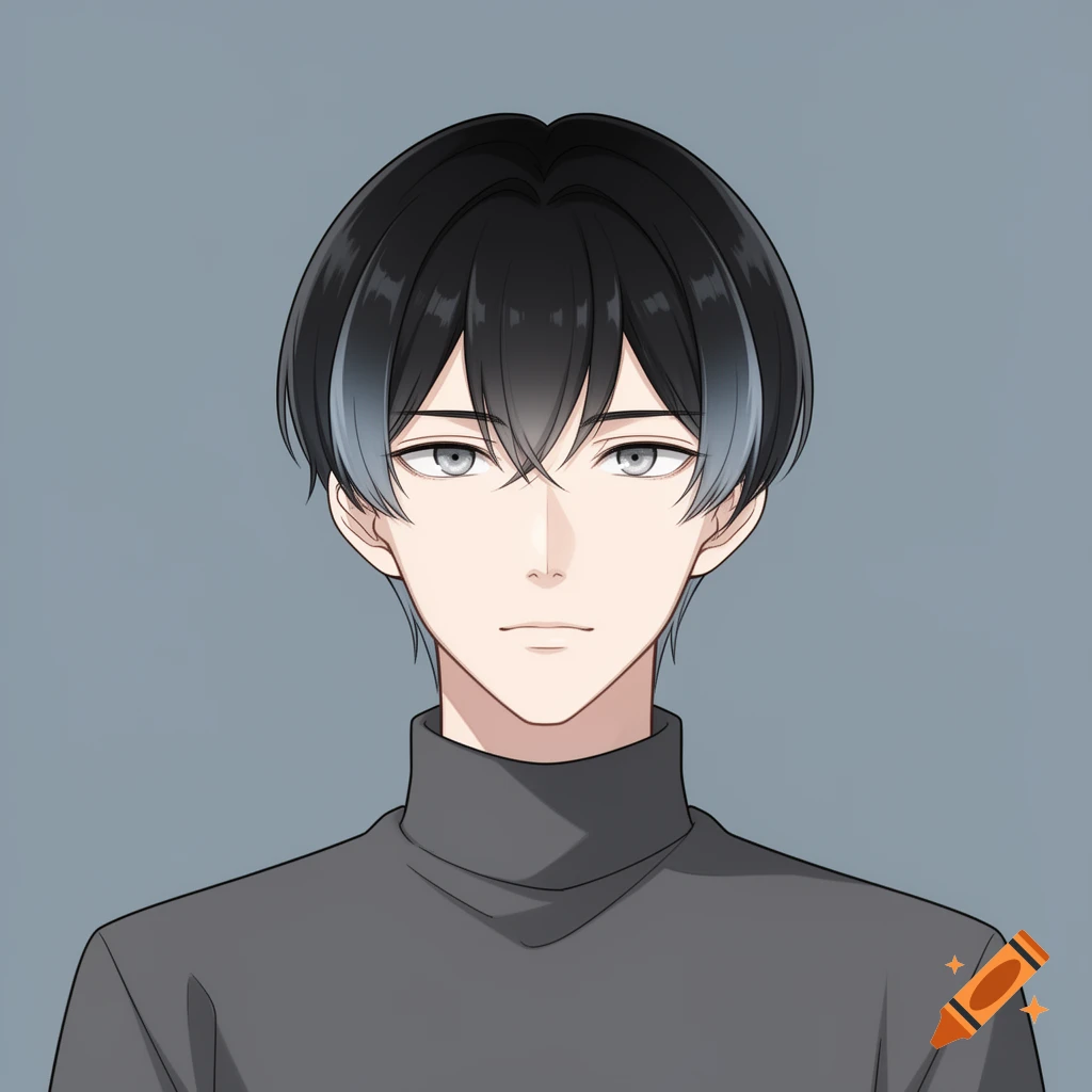 Anime-style avatar of a young adult with black hair, blue-gray highlights, and gray eyes, wearing a charcoal turtleneck against a solid blue-gray background.