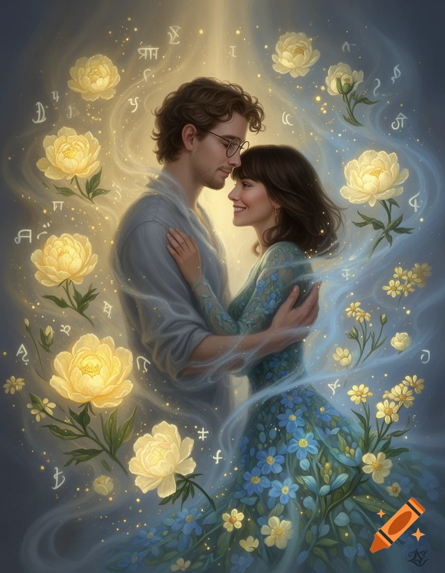 A man and woman embrace amidst glowing yellow flowers and magical light, with faint arcane symbols in the background, in a digital fantasy art style.