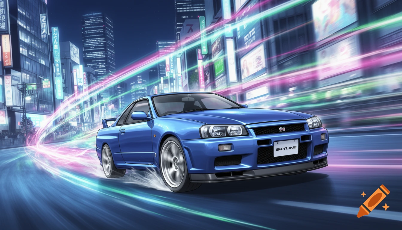 A blue Nissan Skyline speeds through the neon-lit streets of Tokyo at night, rendered in an anime style with light trails.