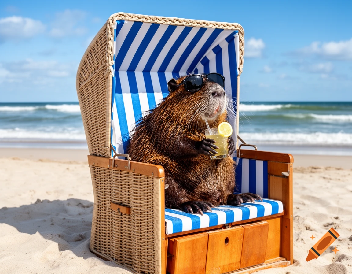 A brown nutria wearing sunglasses sits in a blue and white striped beach chair on a sunny sandy beach, holding a drink with a lemon slice.