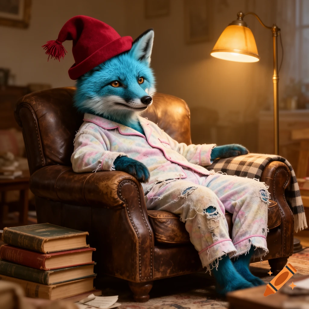 A photorealistic blue fox in a red nightcap and torn pajamas sits in a leather armchair in a cozy, dimly lit room.