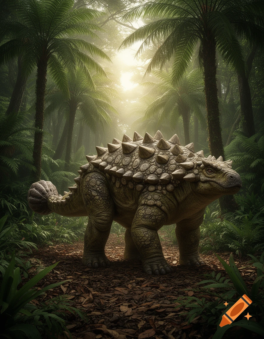 A photorealistic Ankylosaurus stands in a lush, misty jungle with sunlight filtering through the trees.