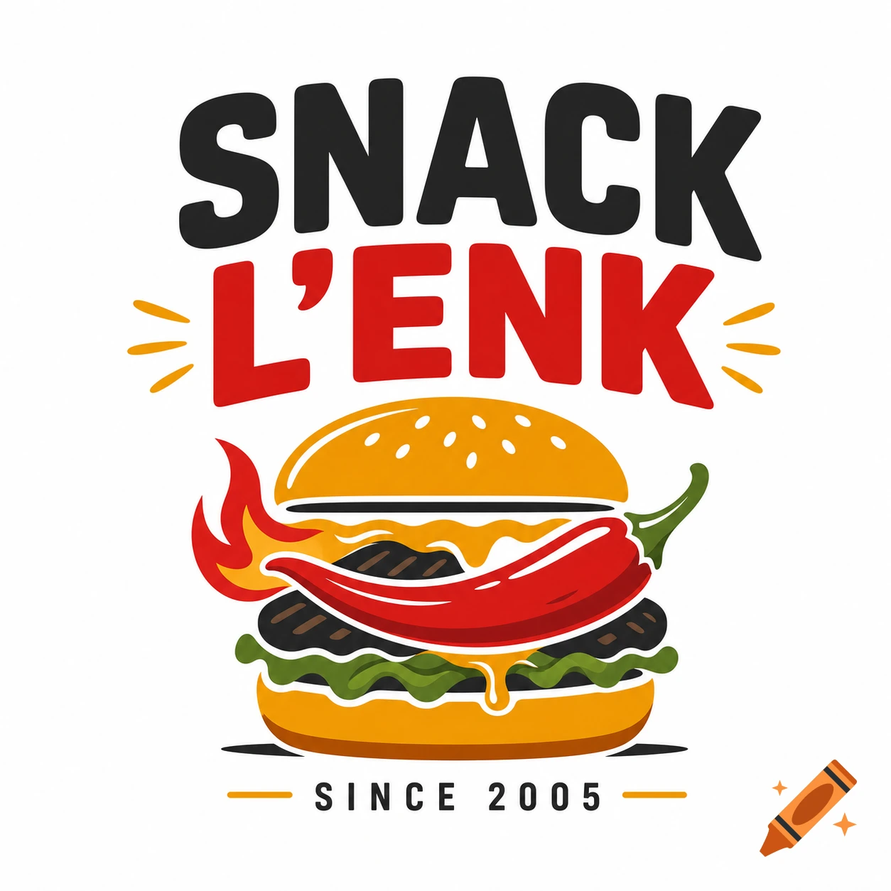 Modern vector logo for Snack L'Enk featuring a burger with a red chili pepper and flames, with 'SINCE 2005' below.