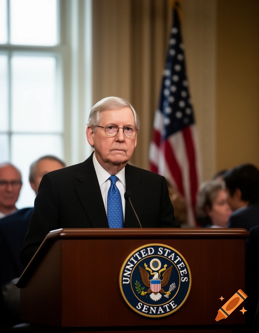 Senator Mitch McConnell stands behind a podium with the US Senate seal, an American flag in the background, in a photorealistic style.