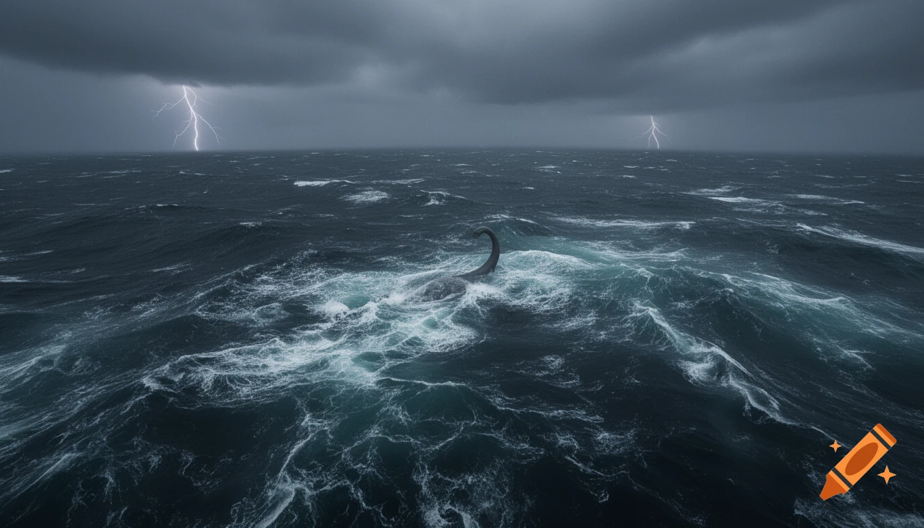 A stormy, dark ocean with a large sea creature's neck and head emerging from the waves as lightning strikes in the distance.