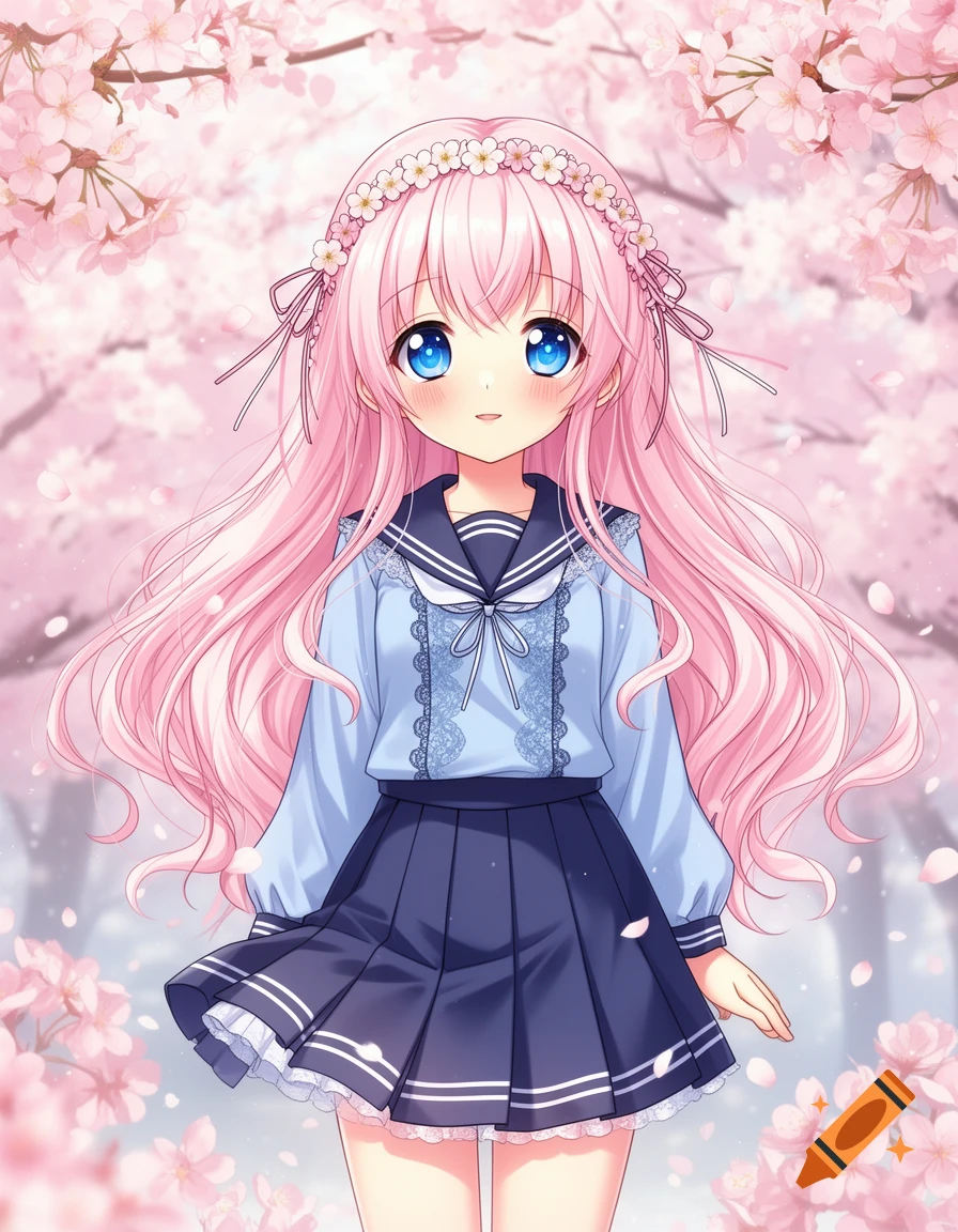 Cute anime girl with pink hair, blue eyes, school uniform, and flower crown, surrounded by pink cherry blossoms.