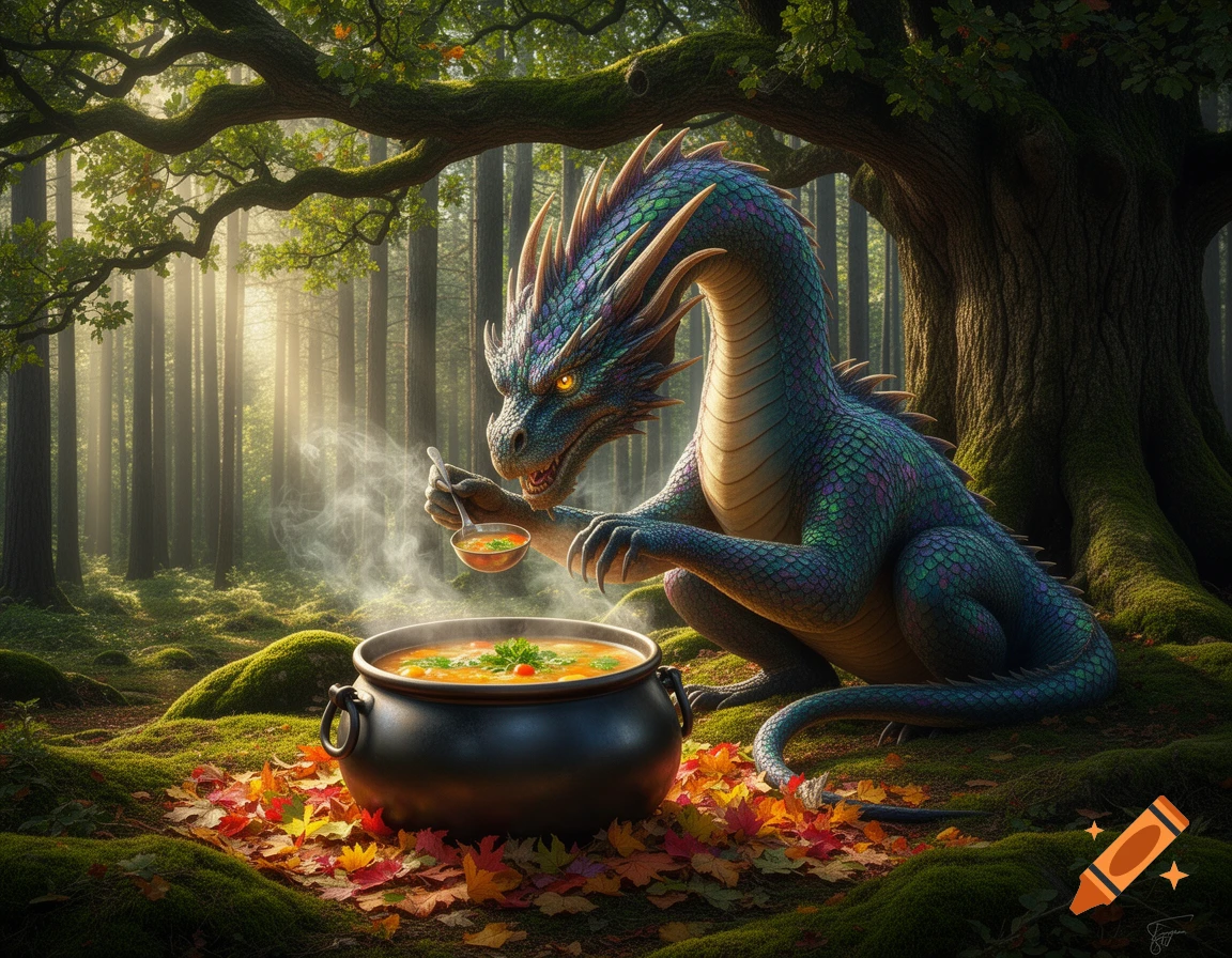 A colorful dragon stirs a steaming cauldron of soup in a sunlit, mossy forest with autumn leaves.
