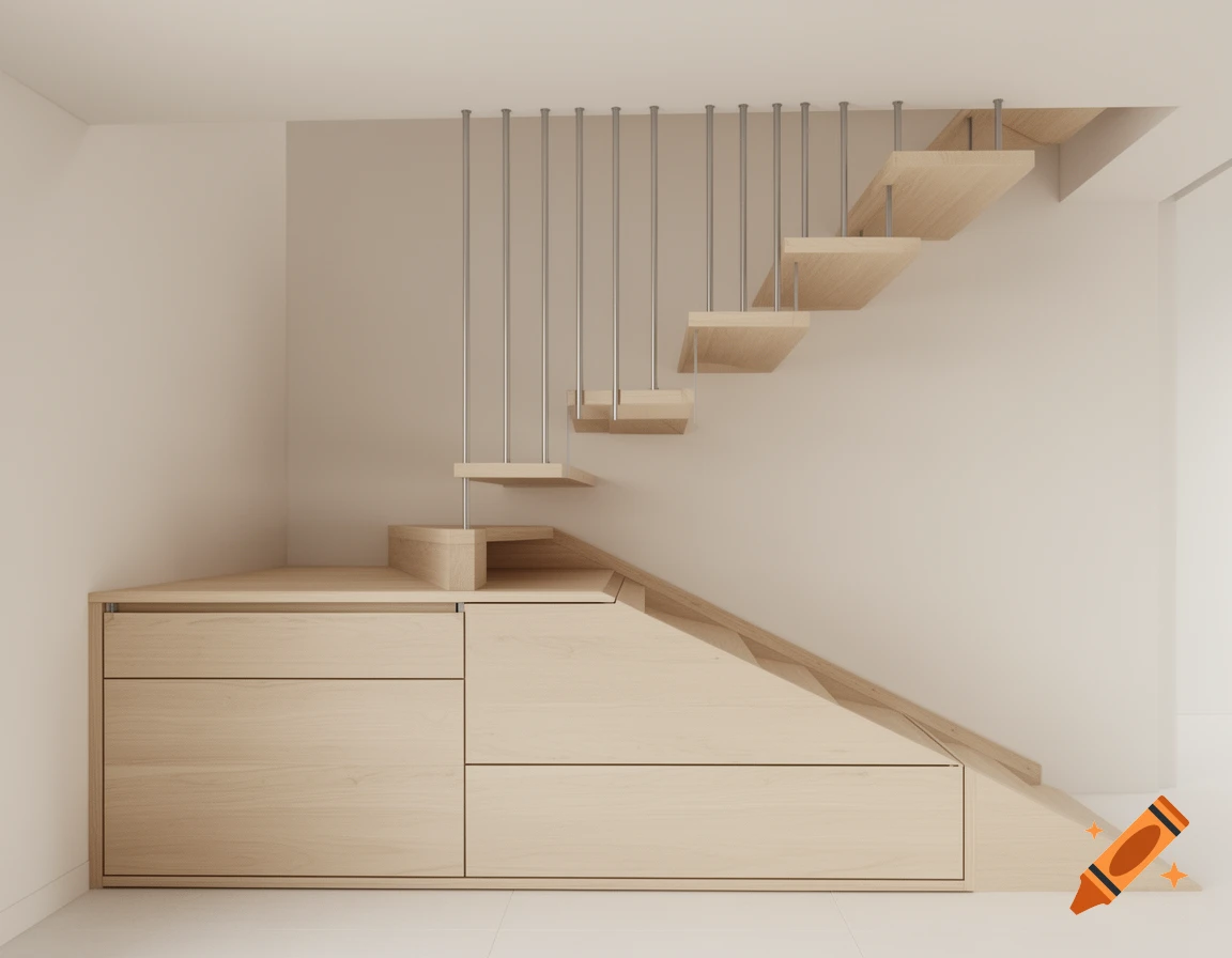 Modern light wood floating staircase with integrated storage drawers and vertical stainless steel railings in a minimalist interior.
