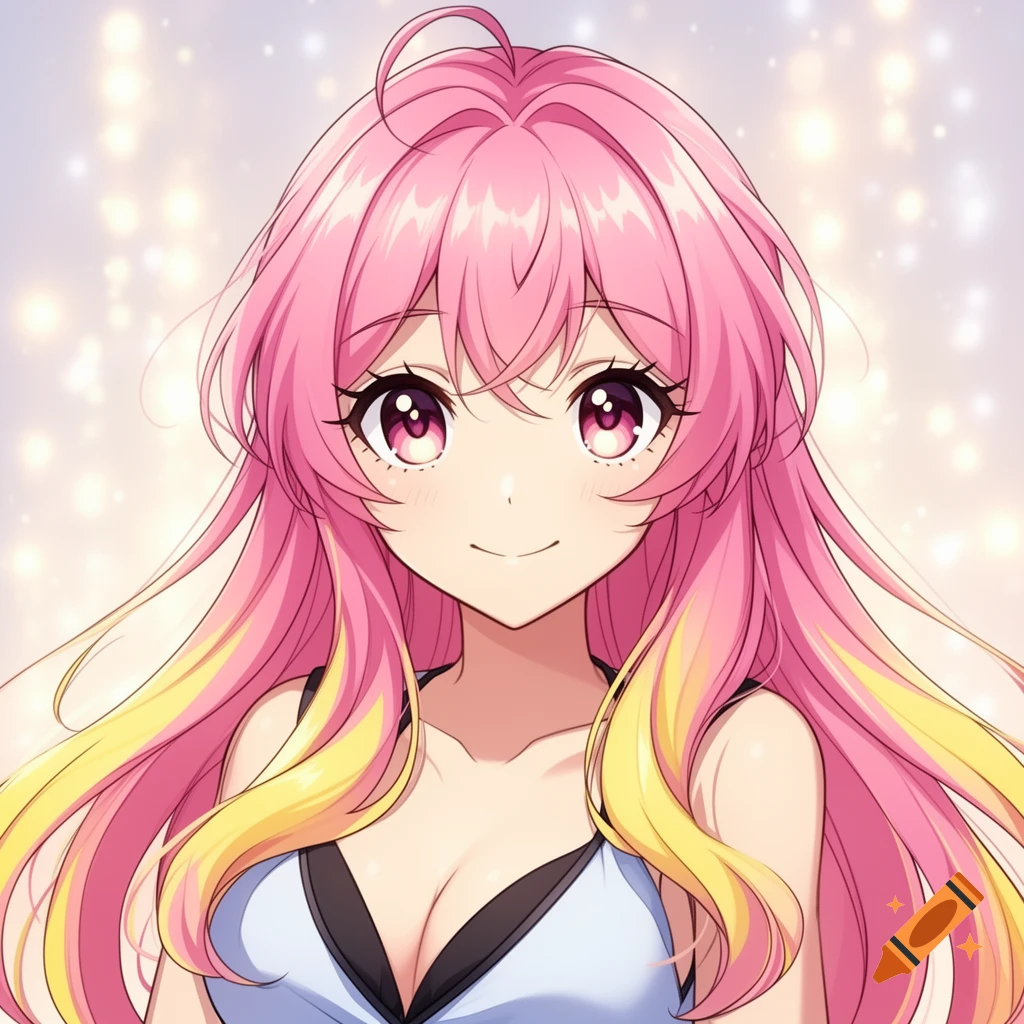 Anime girl with long pink and yellow hair, big pink eyes, and a light blue top, smiling against a sparkling background.