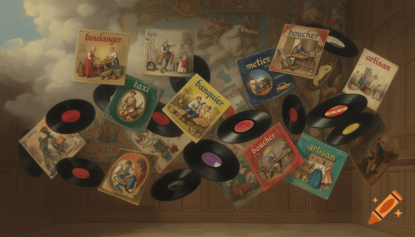 Flemish-style painting of vinyl record covers floating in a room, each featuring an illustration of a different profession.