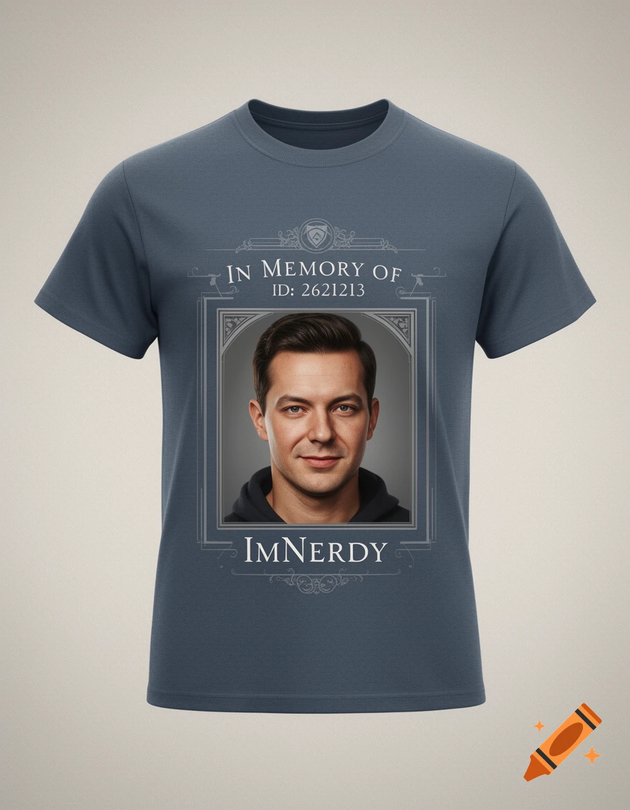 A blue-grey t-shirt displays a white-framed portrait of a man, with text 'IN MEMORY OF ID: 2621213 ImNerdy'.