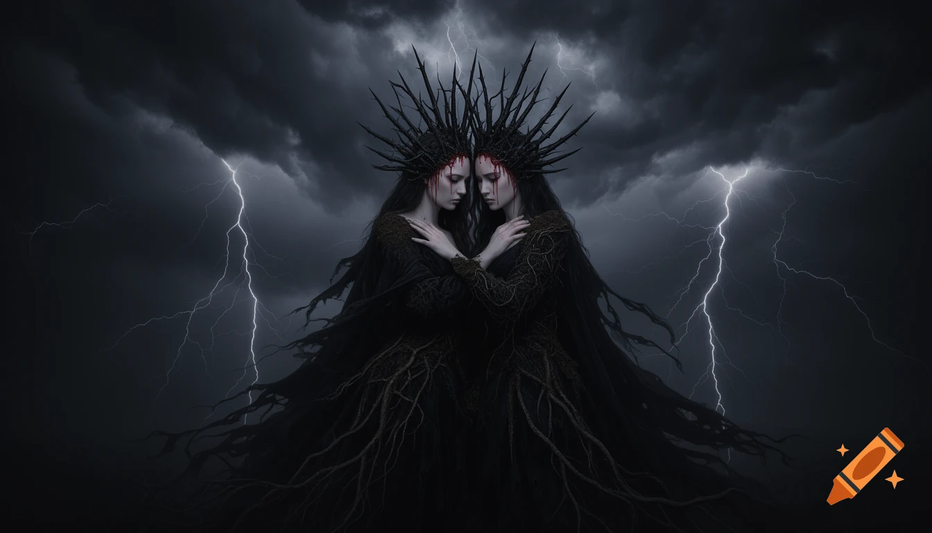 Two gothic women with thorny crowns and blood-stained faces embrace under a stormy, lightning-filled sky, their gowns adorned with roots.