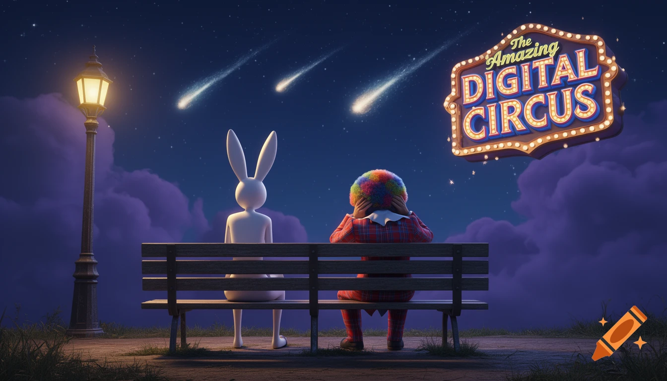 A white rabbit figure and a slumped jester sit on a park bench at night, under a starry sky with meteors and a 'The Amazing Digital Circus' sign. 3D render.