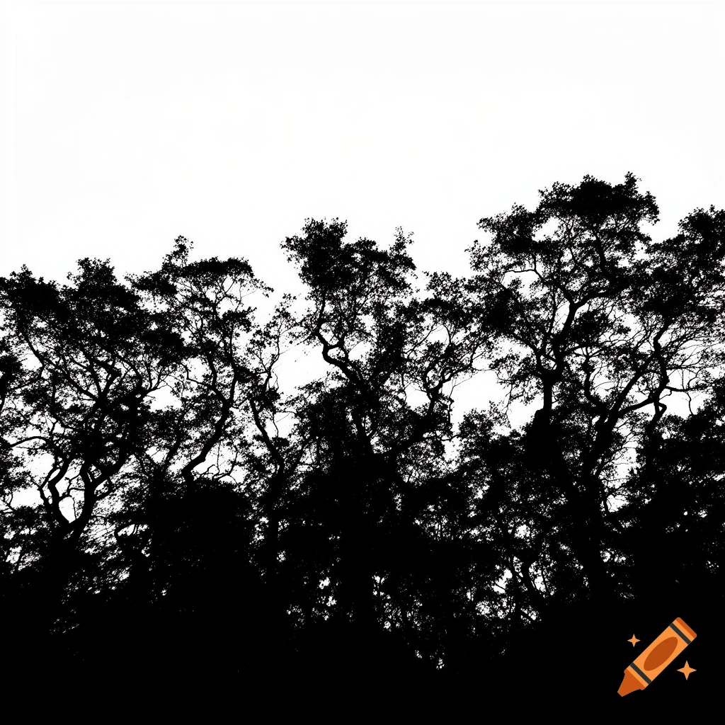 Black tree silhouettes against a pure white sky, with dense foliage forming a wall-like canopy.
