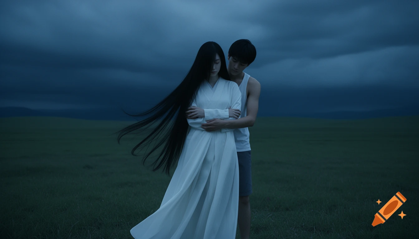 A man hugs a woman with absurdly long black hair and a white dress in a dark, stormy field, cinematic style.