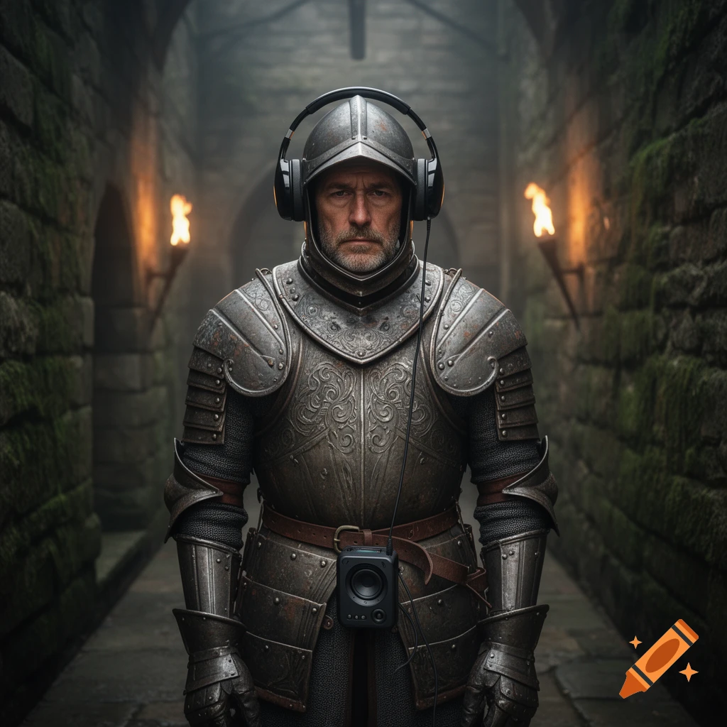 Photorealistic image of a knight in full armor and helmet, wearing modern headphones, standing in a dim stone corridor with torches.