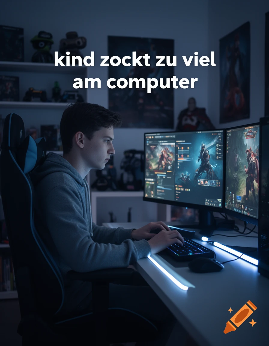 Young man playing computer games in a dimly lit room, with the German text "kind zockt zu viel am computer" overlaid.
