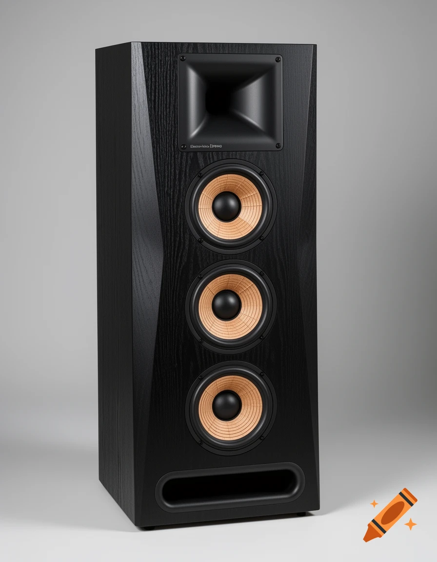 A professional studio photograph of a tall, black floorstanding loudspeaker with a horn tweeter and three mid-woofers.