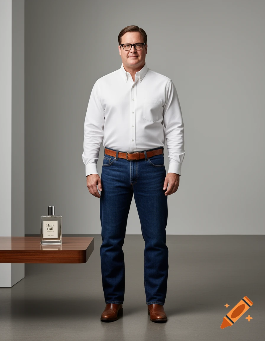 Photorealistic portrait of a man in a white shirt and jeans next to a cologne bottle labeled 'Hank Hill' on a wooden surface.