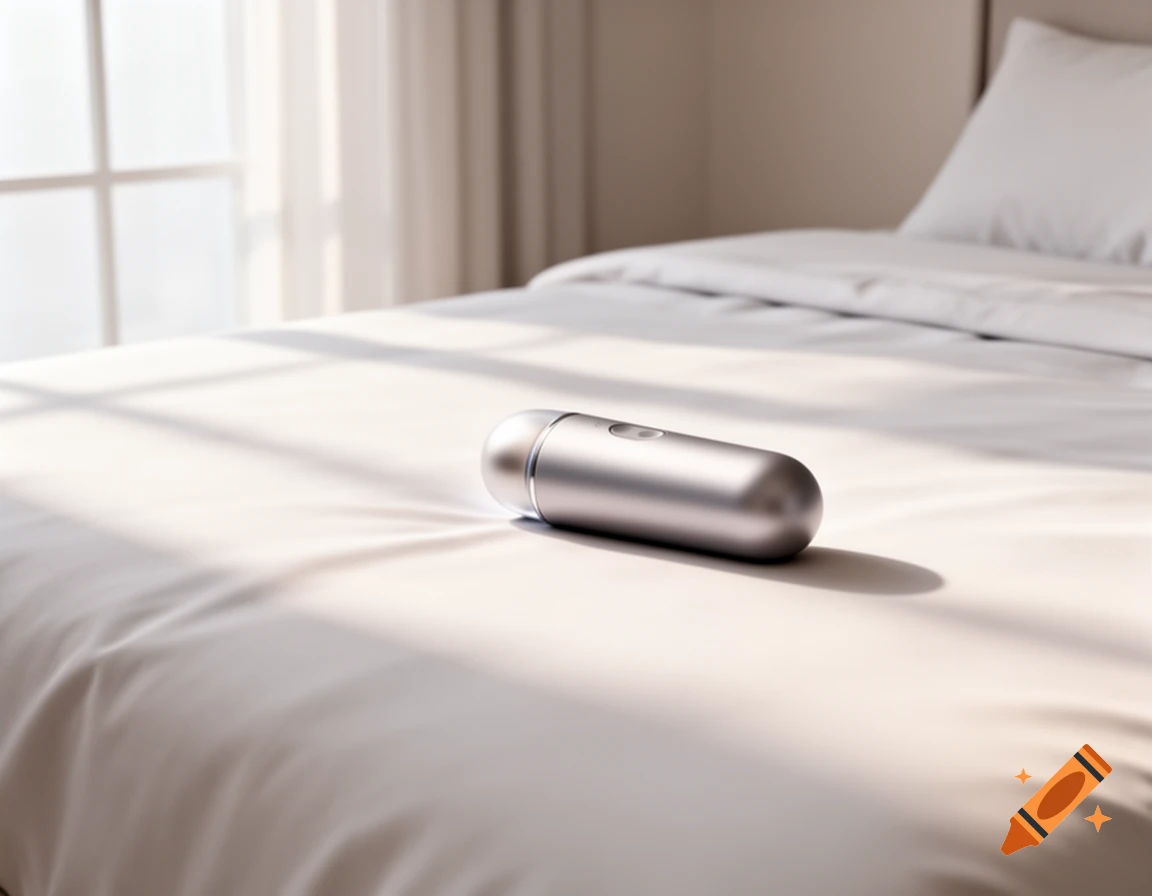 A sleek, silver vibrator rests on a neatly made bed with white sheets, illuminated by soft daylight from a window.