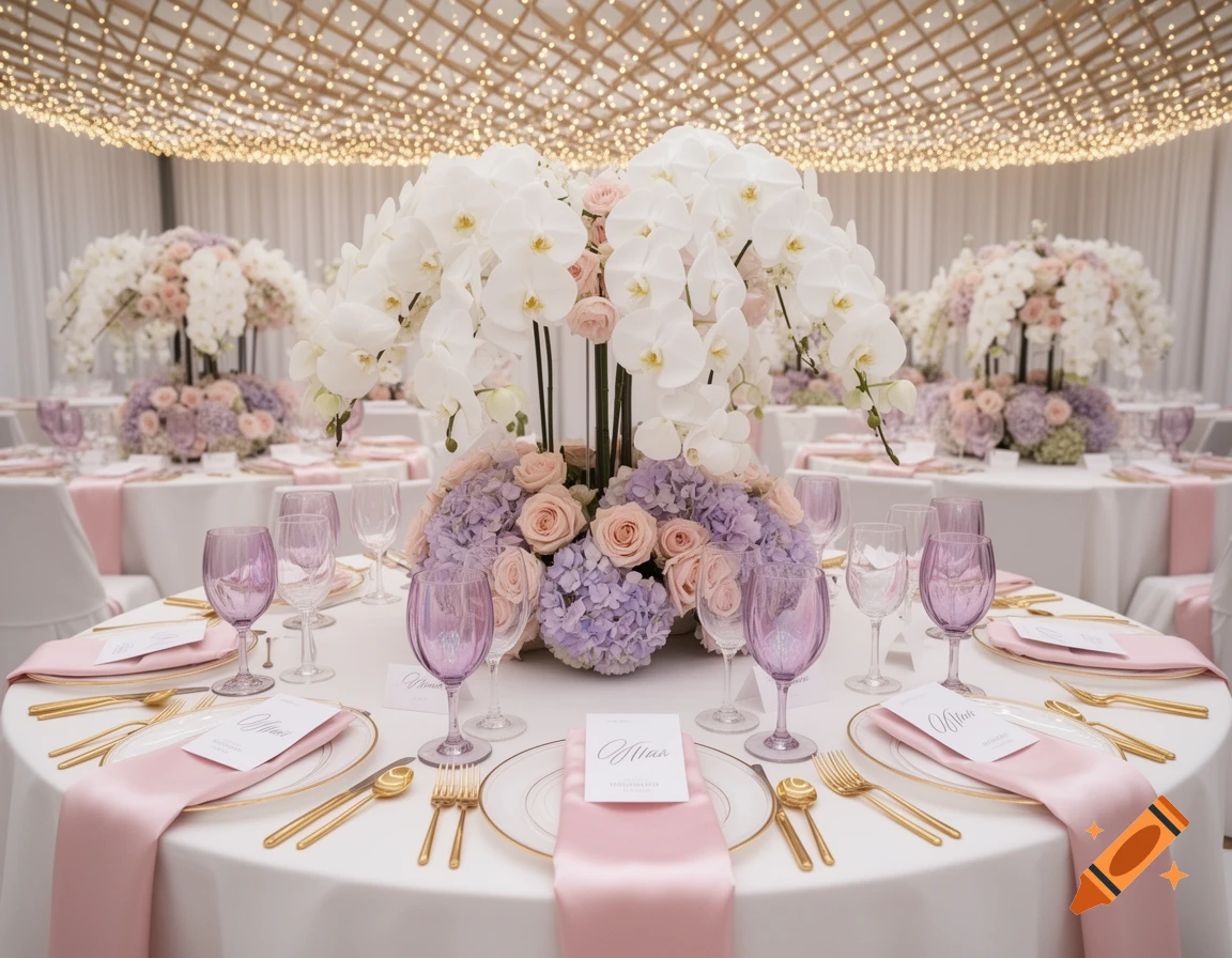 Elegant wedding reception table setting with white orchids, lavender hydrangeas, pink roses, gold cutlery, and purple glasses under string lights.