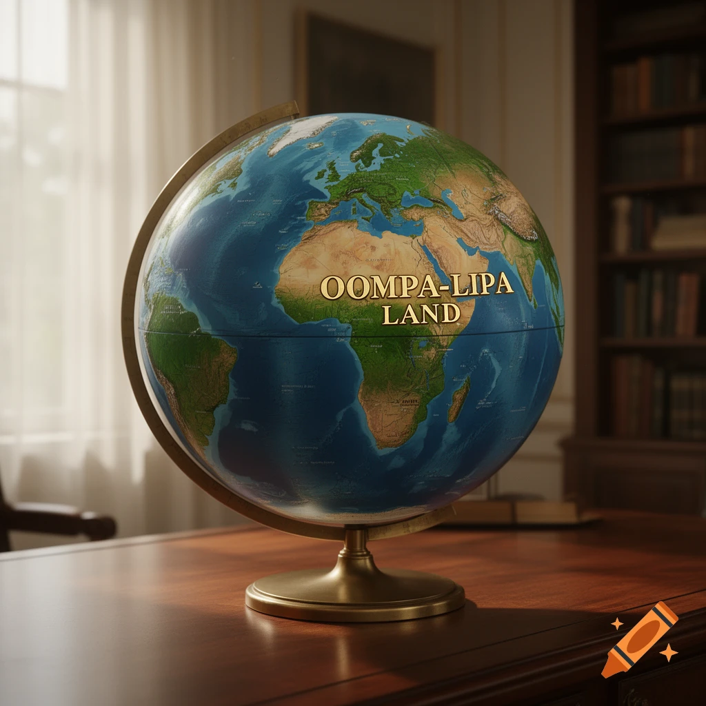 A detailed, photorealistic globe on a polished wooden desk, depicting continents with 'OOMPA-LIPA LAND' written across them.