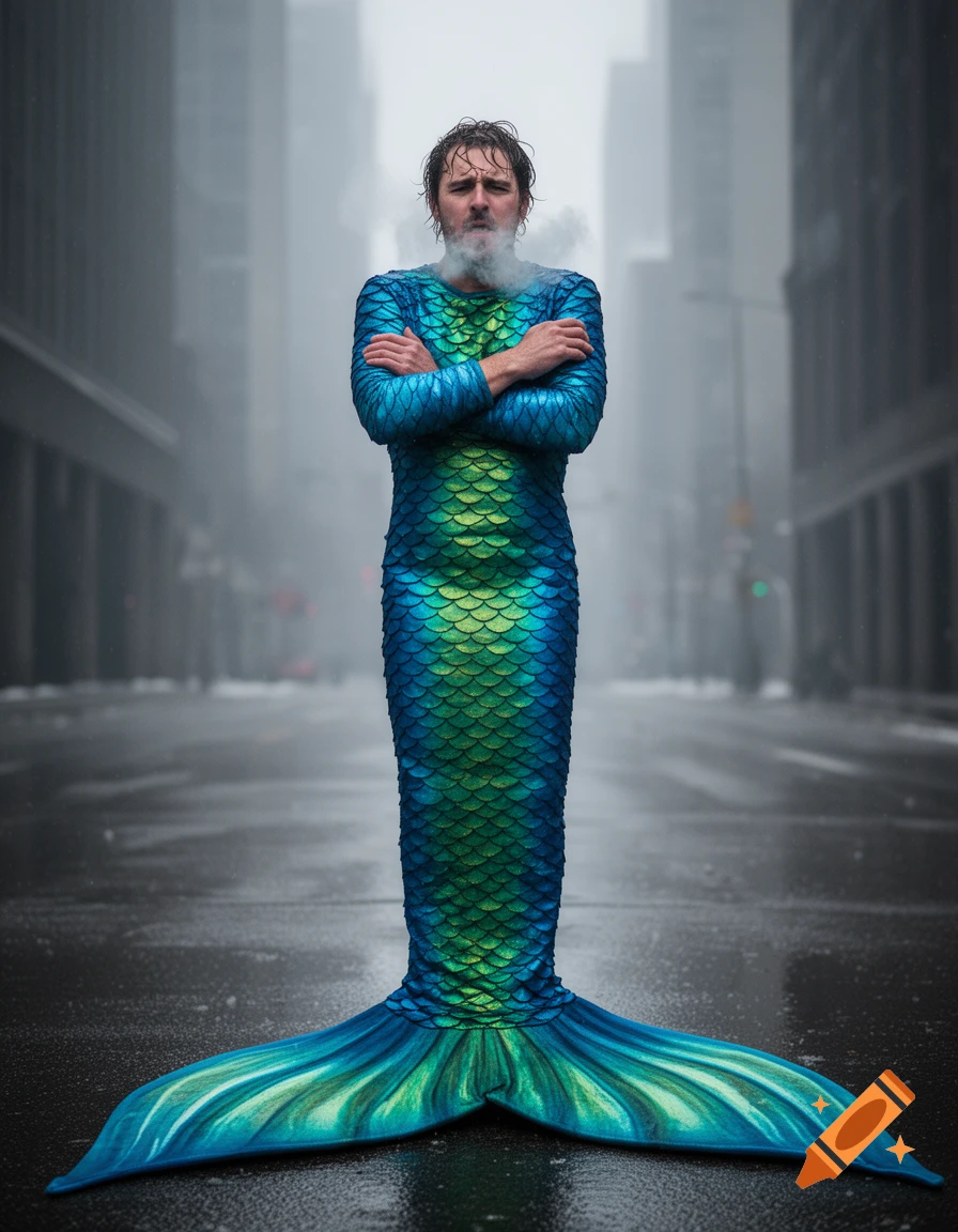 A man in a vibrant blue and green mermaid costume stands with crossed arms on a wet city street, steam coming from his mouth.