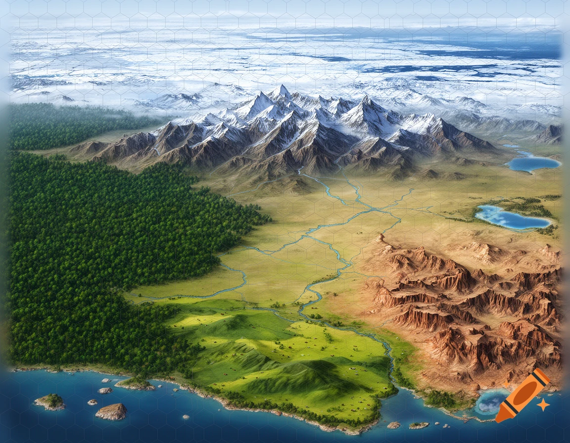 A detailed isometric fantasy map featuring diverse biomes: snowy mountains, icy seas, dense forests, plains, arid canyons, and coasts, overlaid with a hexagonal grid.