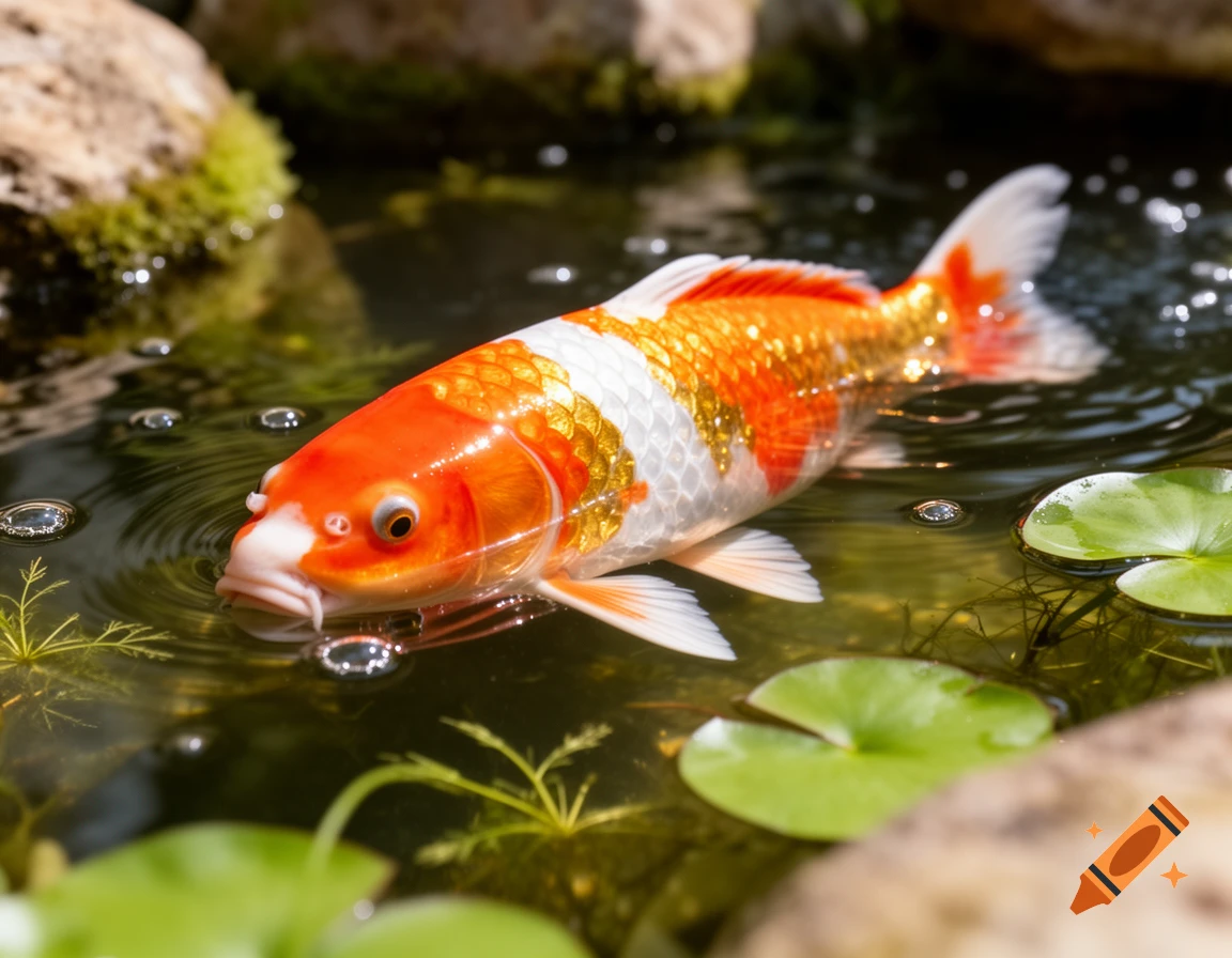 A brightly colored orange, white, and gold koi fish swims in a clear pond with lily pads and rocks, in a photorealistic style.