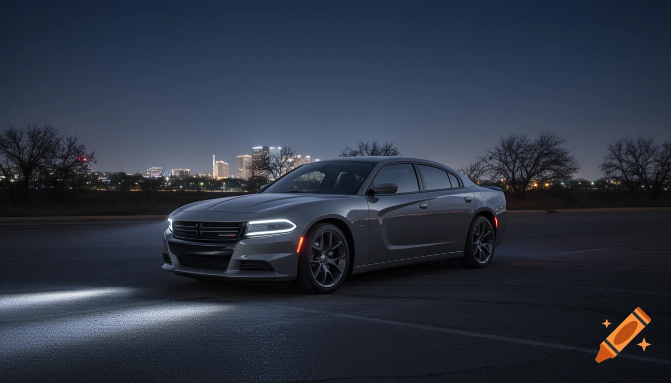 A grey Dodge Charger GT is parked on an asphalt lot at night, with a city skyline in the background.