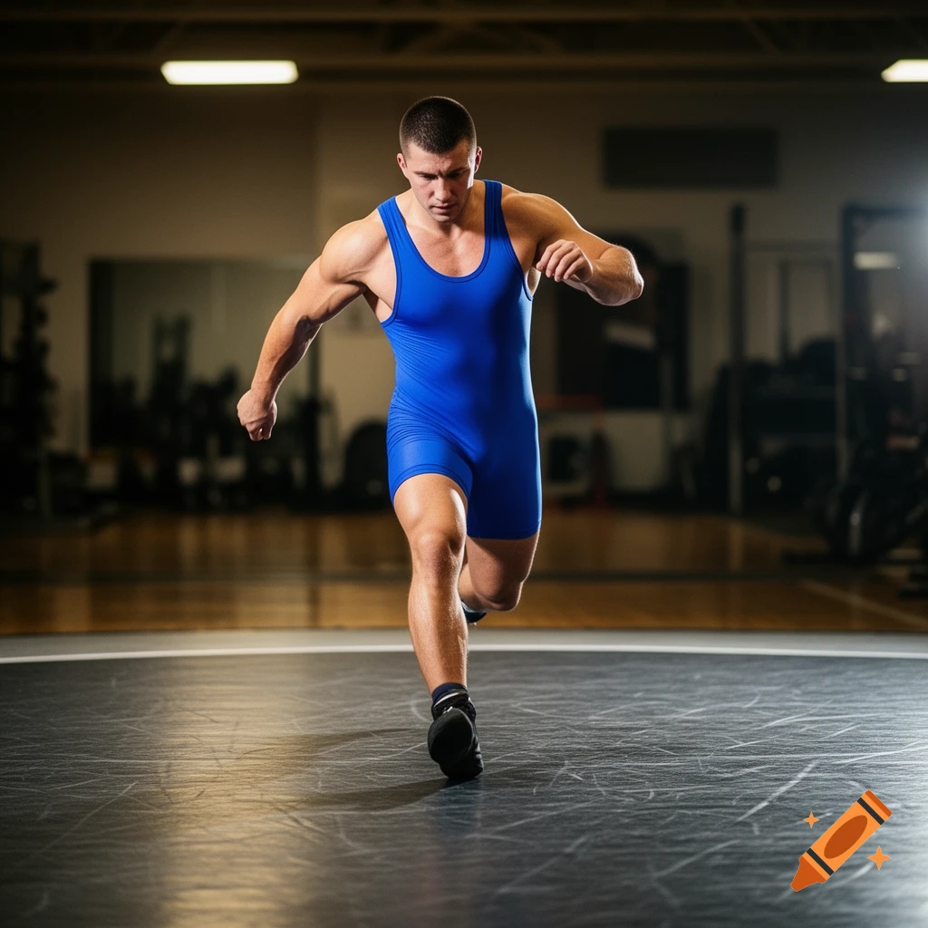 A muscular male wrestler in a royal blue singlet moves across a dark wrestling mat in a gym, photorealistic style.