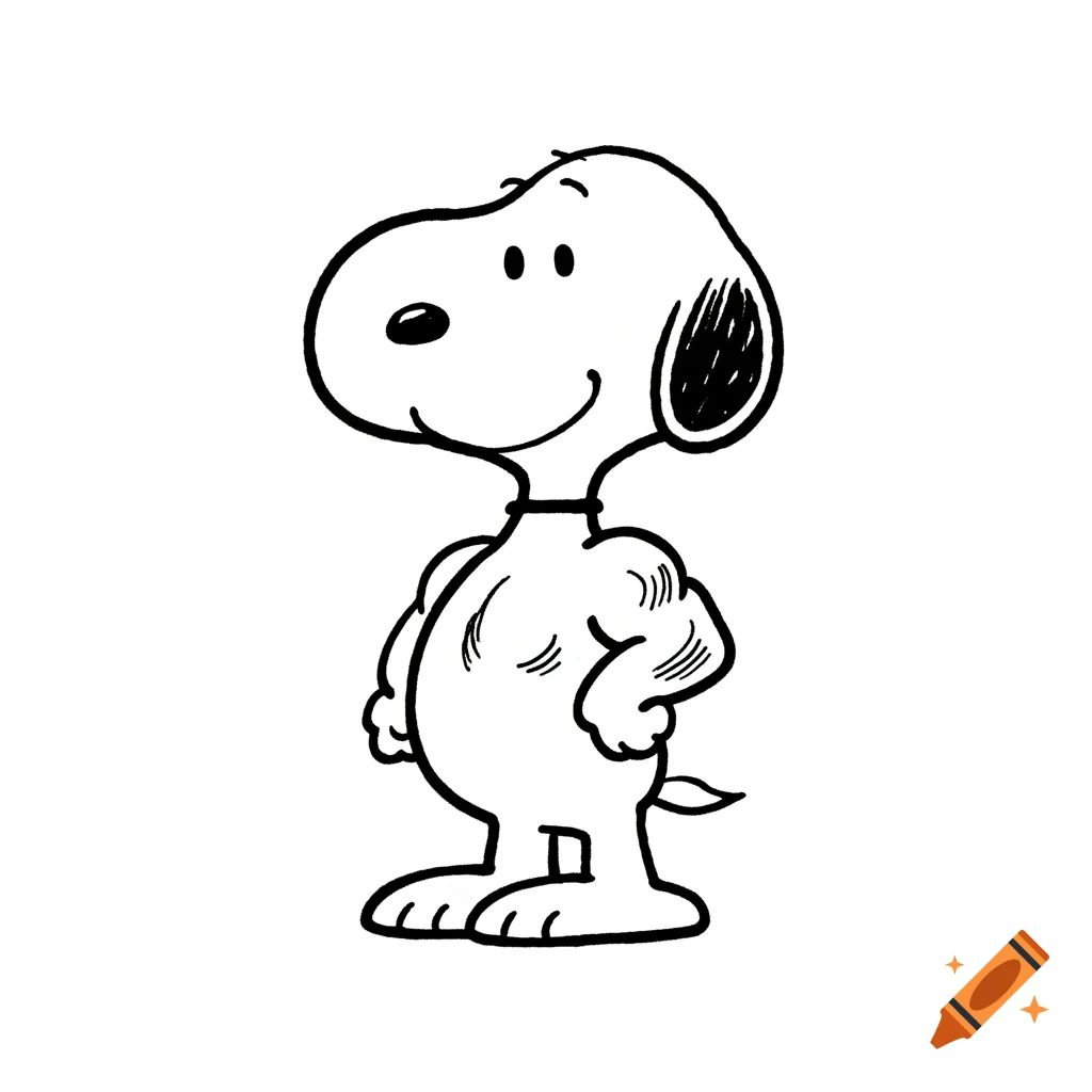 Line drawing of Snoopy standing, flexing his muscular arms, in the style of Charles Schultz.