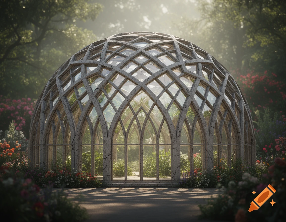 A beautiful geodesic dome greenhouse with stone mullion windows, set in a lush, sun-dappled garden with colorful flowers.