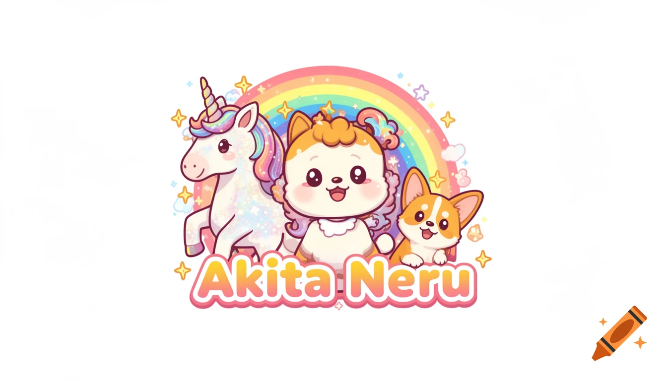 Cute cartoon of a unicorn, Akita Neru character, and corgi dog under a rainbow with 'Akita Neru' text.