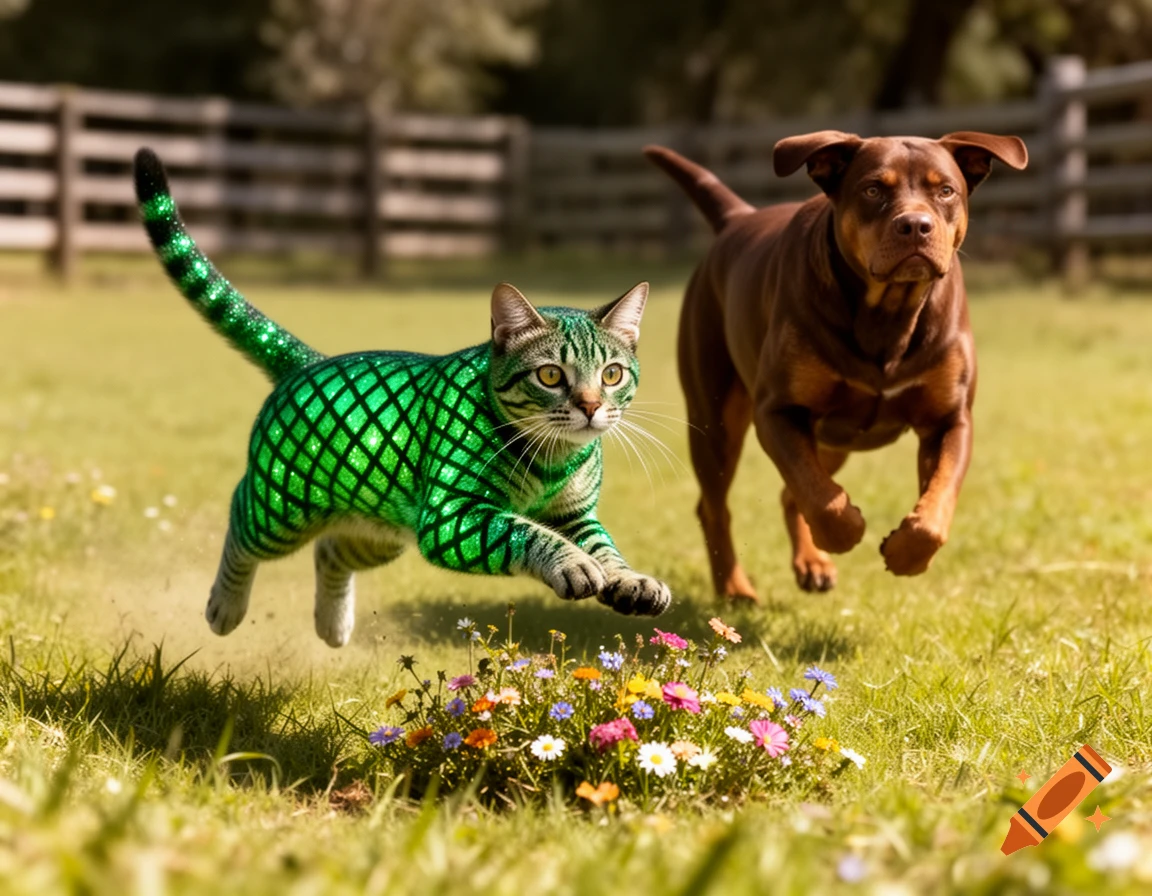 A cat with green diamond-patterned fur leaps over flowers in a grassy field, pursued by a brown dog. Photorealistic style.