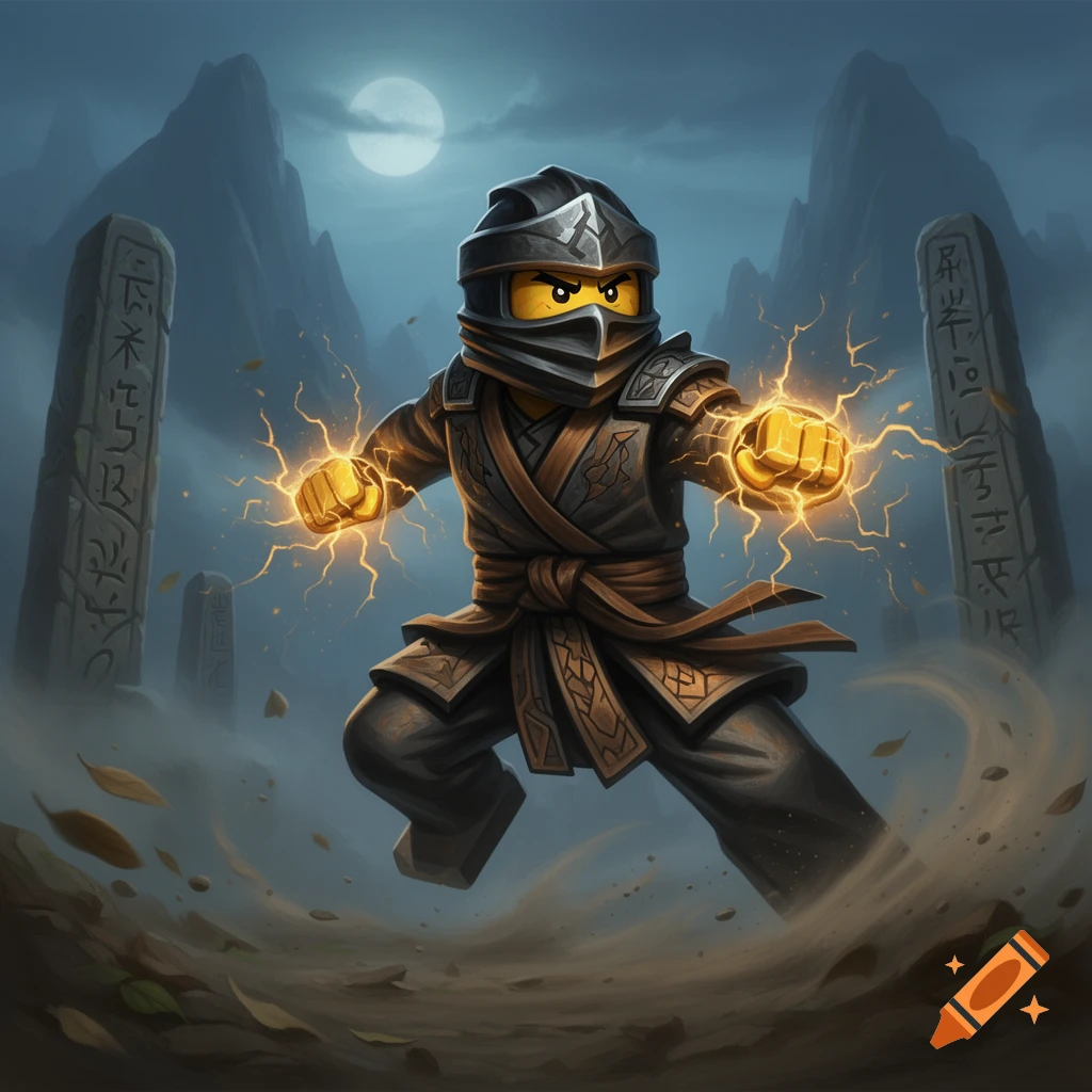 A Lego Ninjago character, Cole, in a dark ninja suit, glowing with golden electricity against a moonlit mountain landscape.