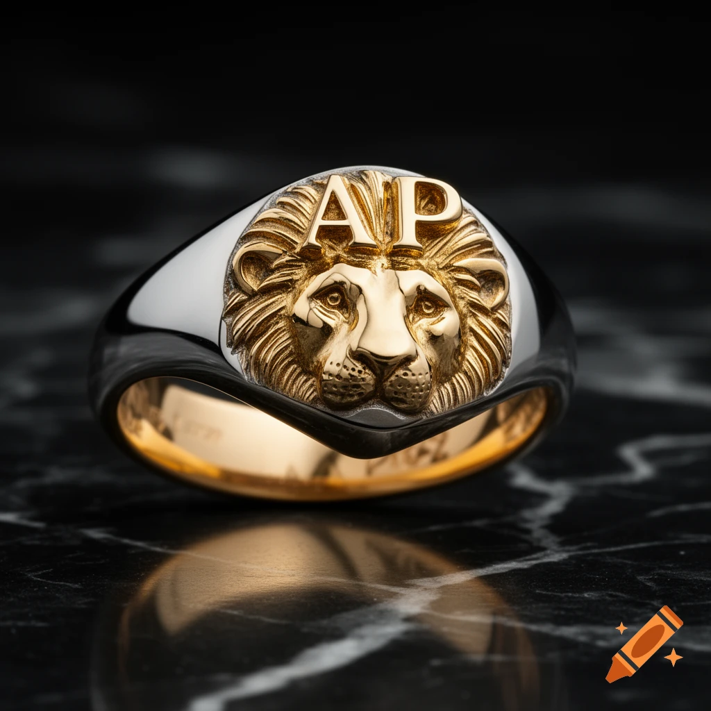A photorealistic macro shot of a luxury signet ring featuring a gold lion head, platinum band, and 'AP' initials, on a dark marble surface.