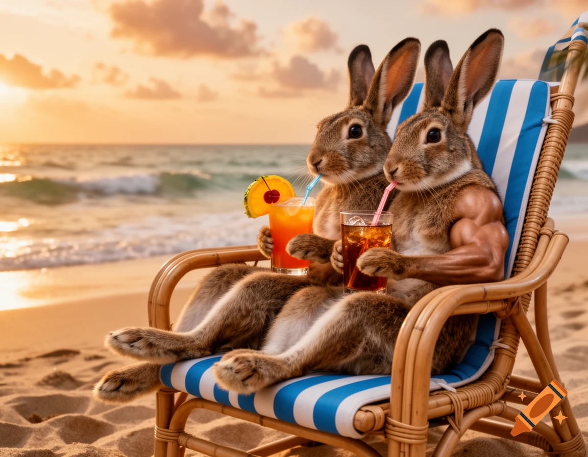 Two muscular rabbits sit in striped beach chairs on a sandy beach at sunset, sipping cocktails.