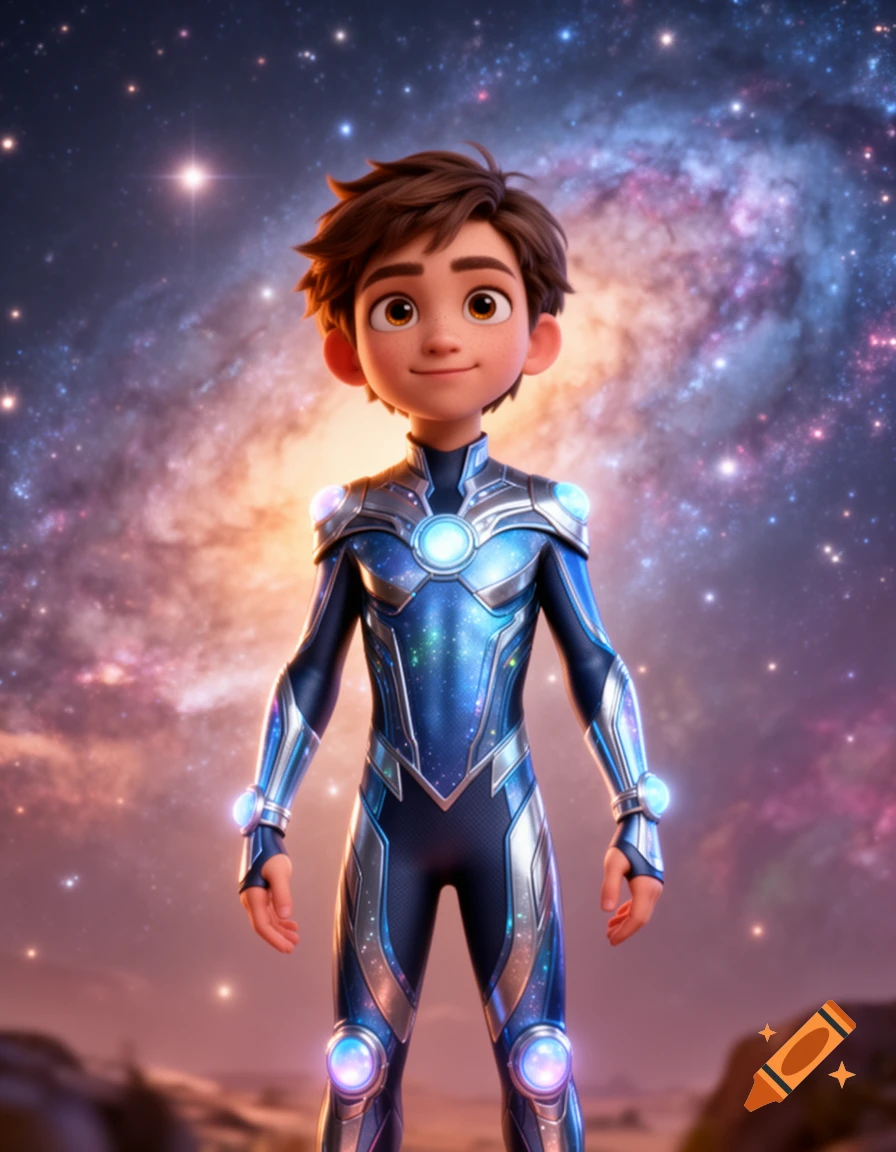 Animated boy in a glowing blue and silver space suit stands against a vibrant cosmic galaxy background.