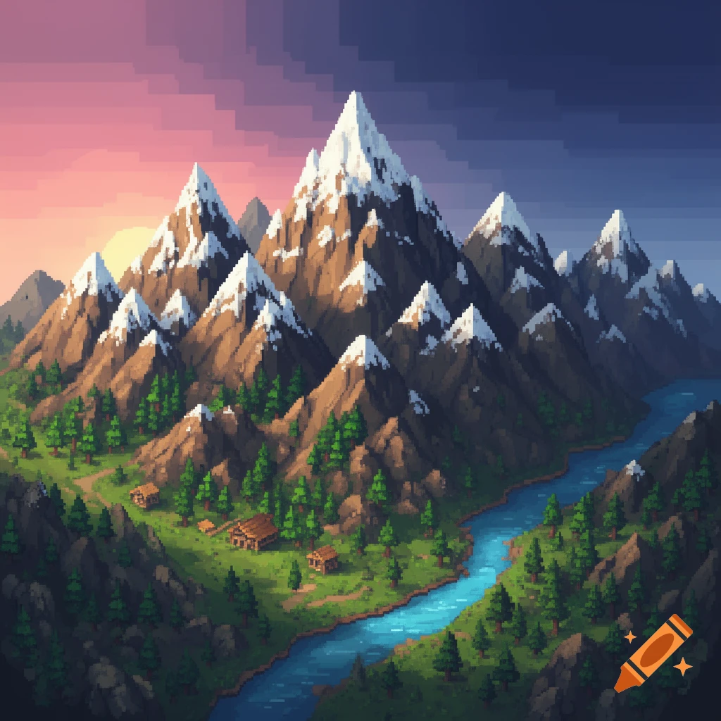 A colorful pixel art landscape featuring snow-capped mountains, a winding blue river, dense green forests, and small wooden cabins under a sunset sky.