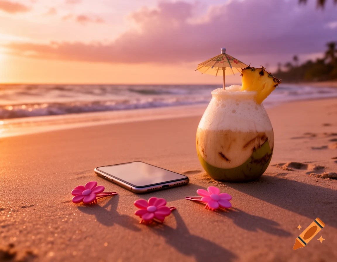 A phone, three pink flower hair clips, and a coconut shake with a pineapple slice sit on a sandy beach at sunset.