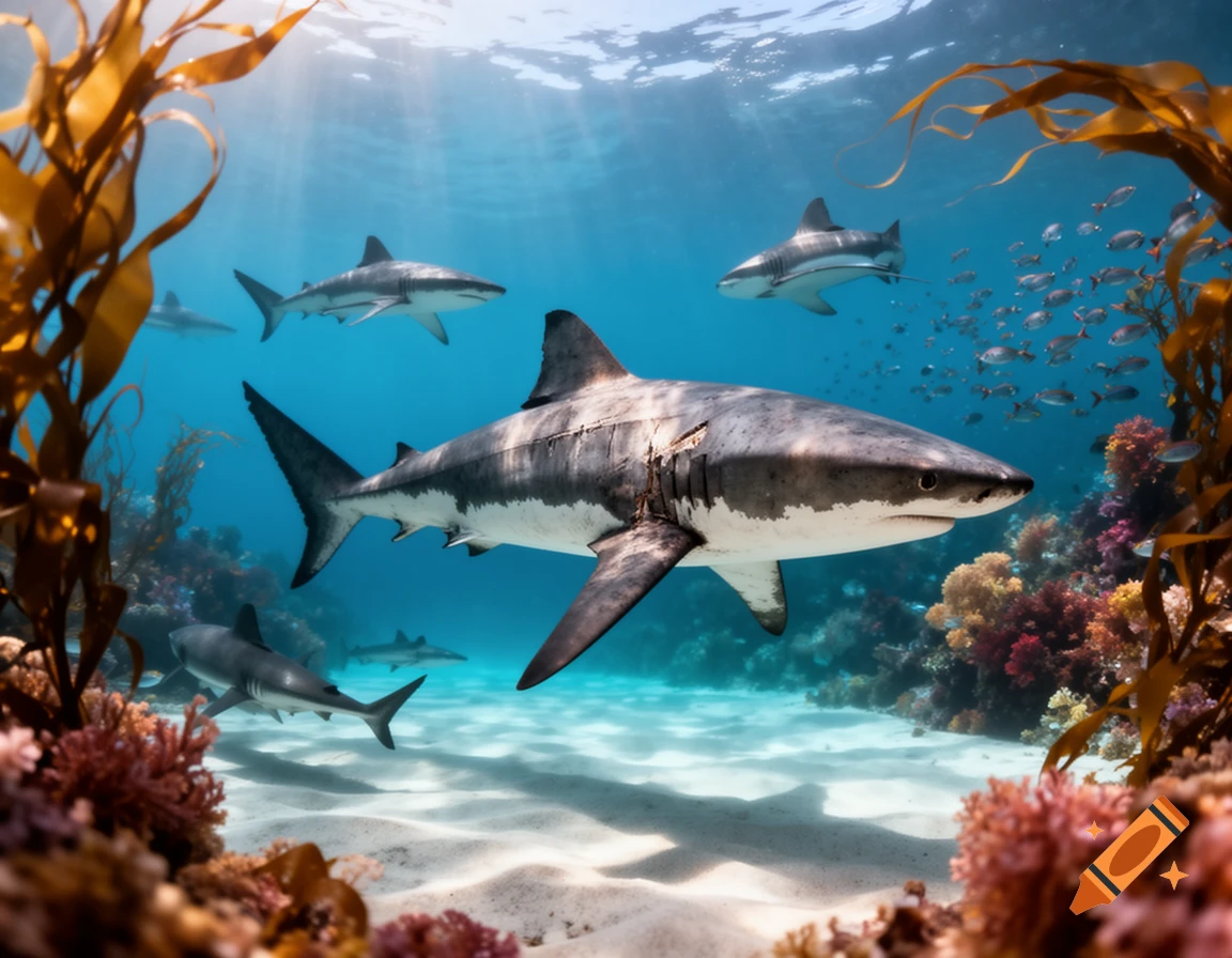 Several sharks swim amidst colorful coral reefs and swaying seaweed in a clear, sunlit ocean, photorealistic.
