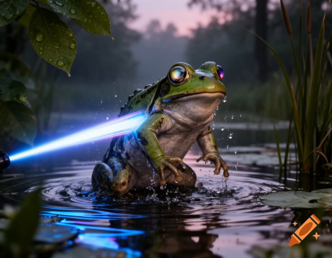 A green frog with glowing multicolored eyes stands in a pond, hit by a bright blue laser beam at dusk, amidst lily pads and reeds.
