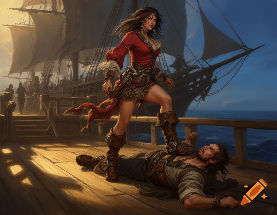 A female pirate captain in a red top and mini-skirt stands with her boot on a sailor lying on a wooden deck, a large ship in the background.
