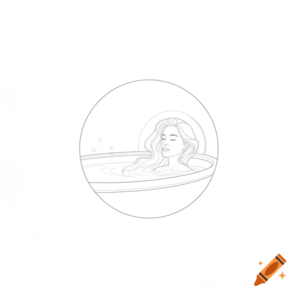 Line art illustration of a woman with closed eyes, long hair, relaxing in a float tank within a circular frame.