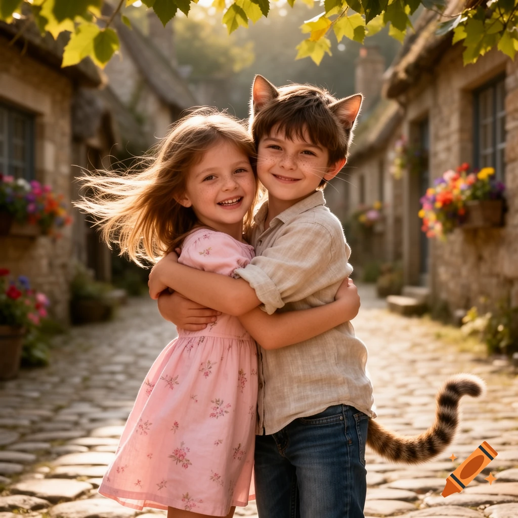A girl and a boy with cat ears and a striped tail hug on a sunny cobblestone street lined with stone cottages.