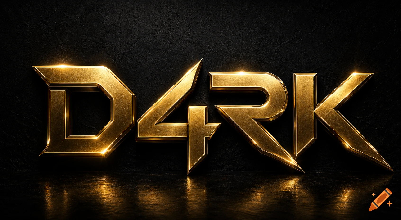Golden 3D metallic text spelling 'D4RK' against a dark textured background with reflections.