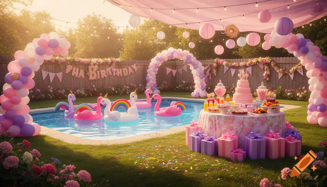 A vibrant backyard pool party with pink and purple balloons, unicorn and flamingo floats, a tiered cake, gifts, and fairy lights.