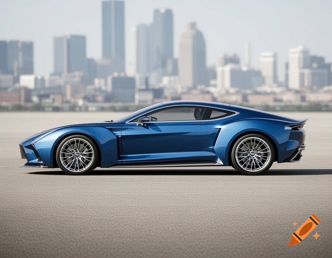 A sleek, modern blue sports car with accentuated fenders sits on pavement against a blurred city skyline.